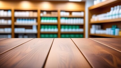 Empty wooden countertop on a blurred background of a drugstore. A place to advertise a product. Generated AI