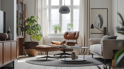 Fototapeta premium Modern living room with large paintings nordic style decoration There is minimalist style furniture.