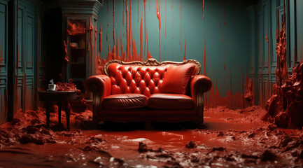 A red leather couch and a red pillow stand in the middle of a room covered with thick, caseous layers of blood-like matter. Next to it, there is a small table with a cup of hot beverage.