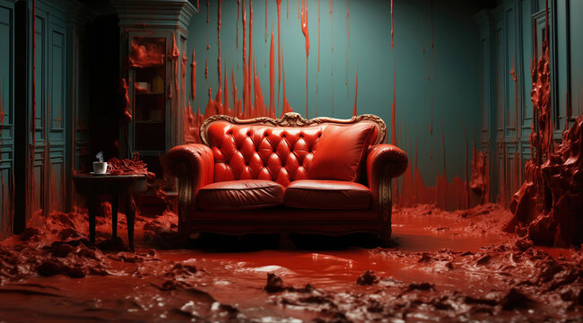 A red leather couch and a red pillow stand in the middle of a room covered with thick, caseous layers of blood-like matter. Next to it, there is a small table with a cup of hot beverage.