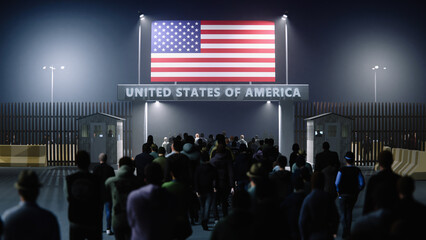 People walk through the border checkpoint gate to United states of America at night - 3D rendered