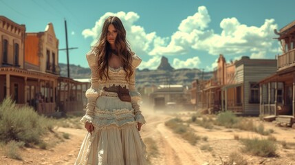Beautiful woman wearing traditional dress in a western cowboy town, Woman of the wild west. Generative AI.