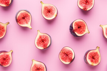 Sliced figs artistically arranged on pink background.