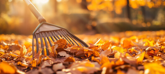 Close-up of raking fallen autumn leaves on a sunny day - 727159833
