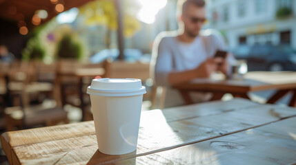 Coffee paper cup mockup on outdoor cafe table