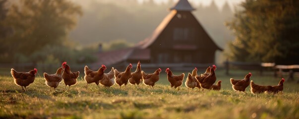 Chickens on green grass on countryside. - obrazy, fototapety, plakaty