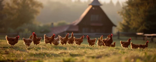 Tuinposter Chickens on green grass on countryside. © Filip