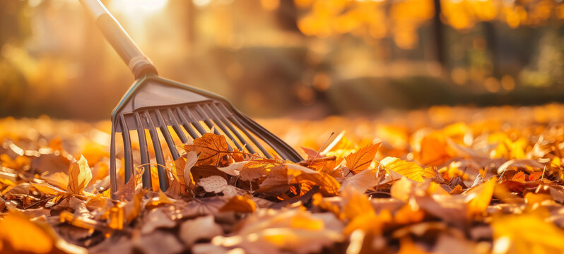 Close-up of raking fallen autumn leaves on a sunny day