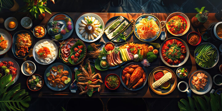 Fusion Cuisine: A Table Spread with a Variety of Culinary Delights from Different Cultures, Blending Flavors and Traditions