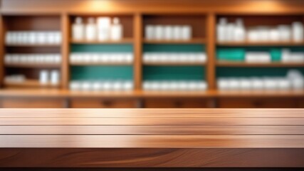 Empty wooden countertop on a blurred background of a drugstore. A place to advertise a product. Generated AI