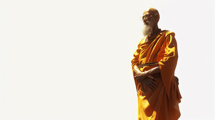 A captivating 3D rendering of a wise monk exuding serenity and wisdom in an isolated setting against a pristine white background. This stunning artwork showcases the intricate details and ex