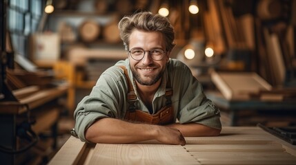 A Carpenter working to making woodcraft furniture in wood workshop. Generative AI. - obrazy, fototapety, plakaty