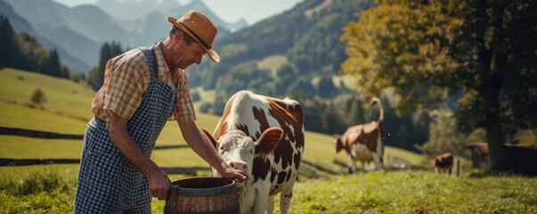 Farmer milking a cow on beautiful meadow.