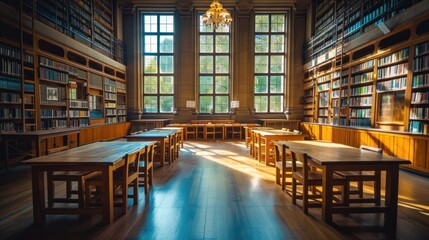 Wooden table in a public library