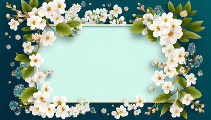 Spring flower border on blue background; white spring blossom border; Spring Floral Frame. Generative AI.