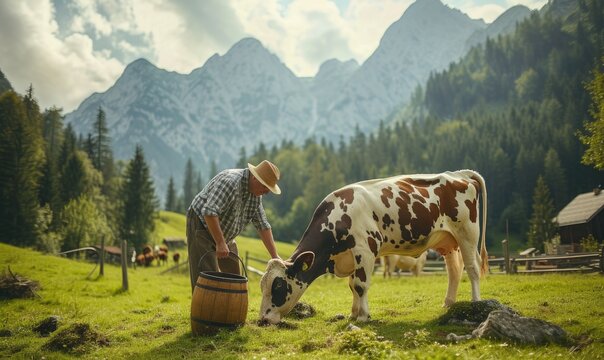 Farmer milking a cow on beautiful meadow.