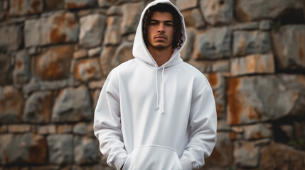 Obraz premium A young man in white hoody on stone wall background. Mock-up for design