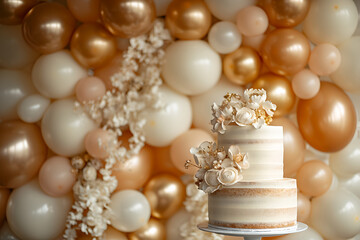 Fototapeta na wymiar large wedding cake with Gold and white balloons , Flowers on a white cake 