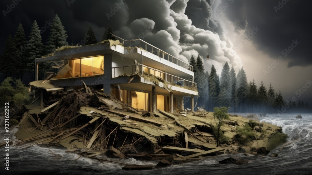 Poster natural disaster resilience with eco-friendly building designs and disaster preparedness generative 