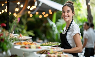 Waitress female catering a fresh delicious food  and serving on wedding