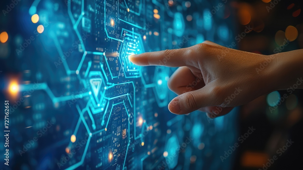 Poster Side view of a hand pointing its finger at a blue technology screen with geometrical shapes. Generative AI.