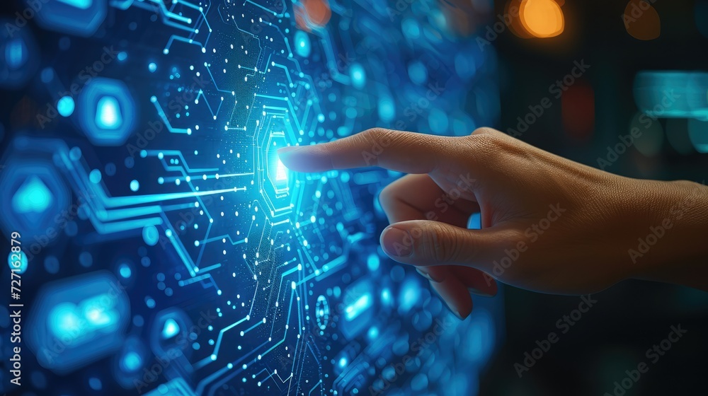 Poster Side view of a hand pointing its finger at a blue technology screen with geometrical shapes. Generative AI.