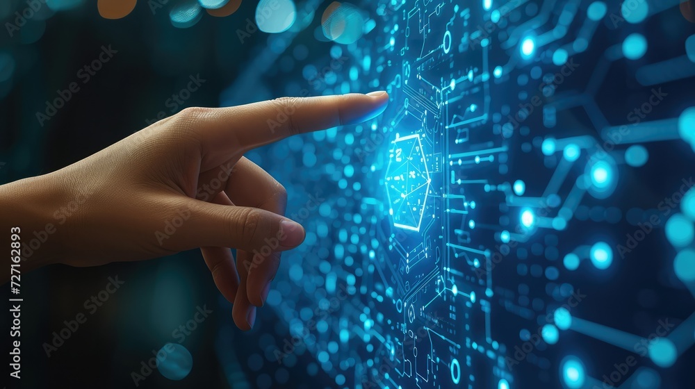 Fototapete side view of a hand pointing its finger at a blue technology screen with geometrical shapes. generat