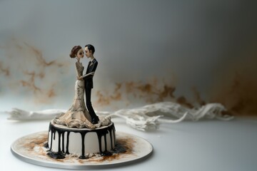 Wedding cake with bride and groom figurine on white background.