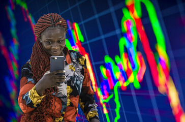 Woman with a mobile phone follows stocks and funds how the development is with the money.