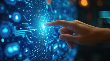 Side view of a hand pointing its finger at a blue technology screen with geometrical shapes. Generative AI.