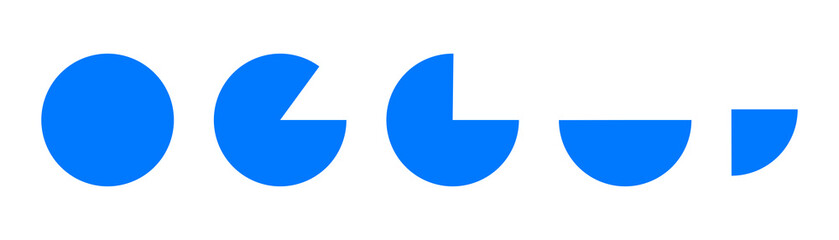 Circles divided forms from complete circle into pieces. Suitable for  educational, lesson, round chart for infographic, pie portion or pizza slice.