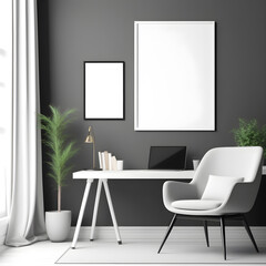 Interior in pastel colors in a modern style with a mockup frame. Room with frame mockup. Living room wall poster mockup. 
