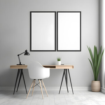 Interior in pastel colors in a modern style with a mockup frame. Room with frame mockup. Living room wall poster mockup. 