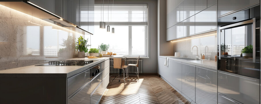 modern kitchen interior with panoramic windows,design, interior visualization