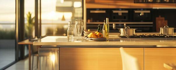 Fototapeta na wymiar modern kitchen interior with panoramic windows,design, interior visualization