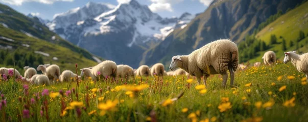 Foto op Plexiglas A herd of sheep grazes on green wild meadow © Filip