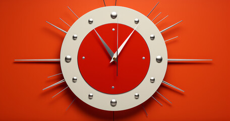 
a clock with a red background, in the style of mid-century modern, 