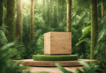 Wooden cube podium in tropical forest for product presentation and green background, Generative AI