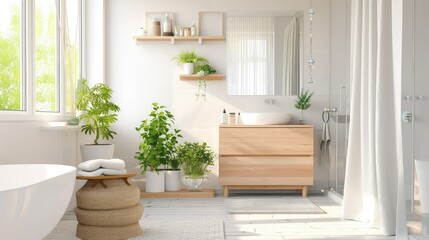 A minimalist bathroom with light-colored walls and flooring.