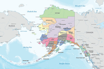Political map showing the counties that make up the state of Alaska in the United States - obrazy, fototapety, plakaty