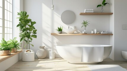 Fototapeta na wymiar A minimalist bathroom with light-colored walls and flooring.