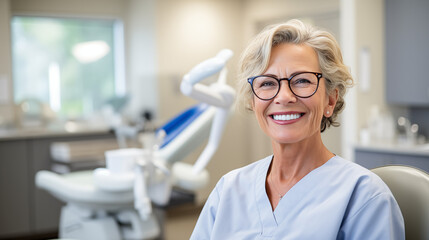 old woman smiling in dental clinic with dental prostheses, front angle, 