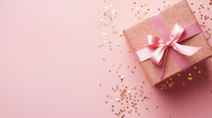 overhead photo, pink gift box, pink background with glitter