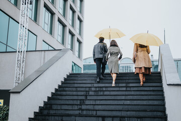 Back view of three individuals ascending stairs outdoors, each holding a yellow umbrella against the rain, symbolizing togetherness and urban life.