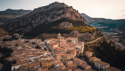 Aerial view of a beautiful Italian mountain town Centuripe, Sicily, Italy, Europe minimalist background, Ai generated image