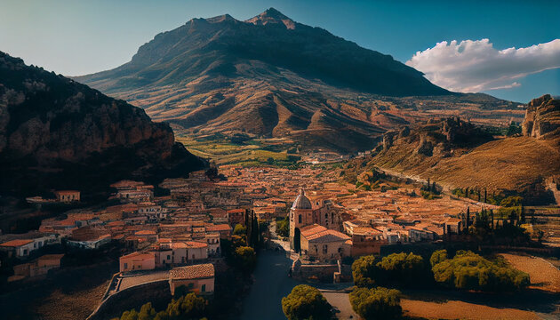 Aerial view of a beautiful Italian mountain town Centuripe, Sicily, Italy, Europe minimalist background, Ai generated image