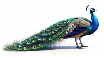 A stunning 3D rendering of an elegant peacock in exquisite detail, showcasing its vibrant feathers and graceful stance. The artwork is expertly crafted, creating a lifelike representation of