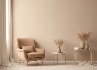 Cream color wall mock up in warm tones with armchair and decoration minimal, Generative AI