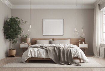 Fototapeta na wymiar Cozy bedroom interior wall mockup, Generative AI