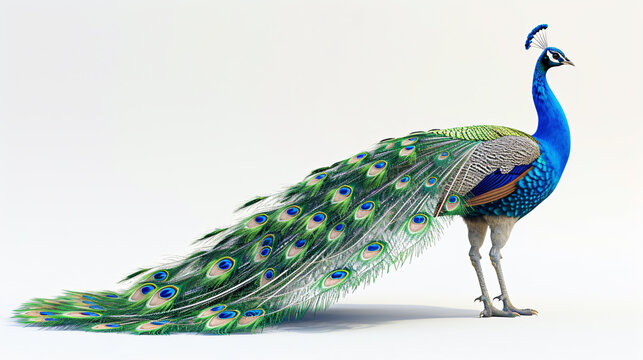 A stunning 3D rendering of an elegant peacock in exquisite detail, showcasing its vibrant feathers and graceful stance. The artwork is expertly crafted, creating a lifelike representation of